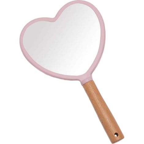 Miroir À Main - Forme Cœur - Poignée En Bois Naturel - Cadre En ABS Non Toxique - Pour Maquillage Et Soins Quotidiens - 1 Pièce (1/5)