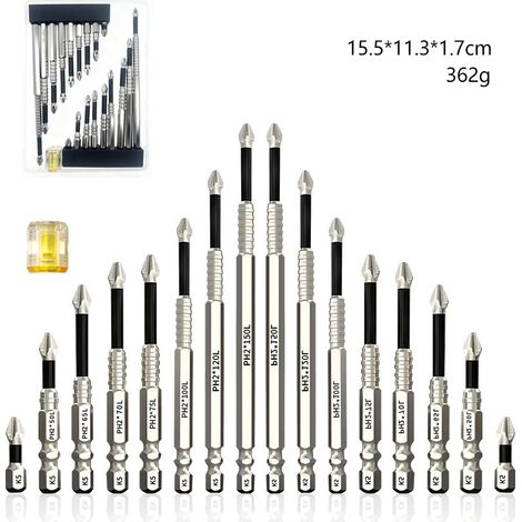 Set di 19 punte per cacciavite Phillips K5 con forte connessione magnetica - Set di punte per cacciavite antiscivolo nere S2 - per trapano elettrico (1/5)