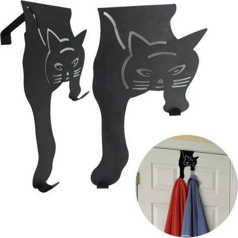 2 Crochet de porte, design chat, métal noir, anti-corrosion, pour chambre, salle de bain (1/4)