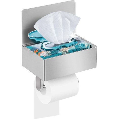 Étagère murale de salle de bain, porte-papier toilette et lingettes en acier inoxydable, sans perçage, argentée (1/5)