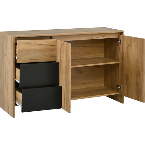 Buffet, meuble de cuisine, commode avec 3 tiroirs et 2 portes, effets lumineux LED multicolores, meuble buffet pour salon, salle à manger, couloir, L:120 x H:76 x P:40 cm, couleur bois & noir
