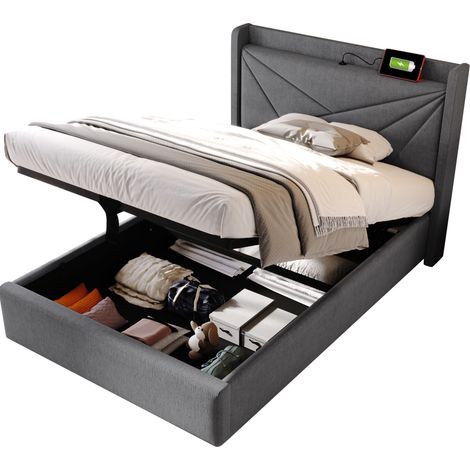 Lit 1 place 90x200 avec coffre, tête de lit géométrique, ports USB et USB-C, gris, structure métal et bois, pour chambre ado, sans matelas – CHICFURN (1/5)