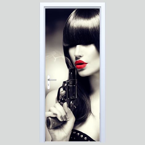 Pegatina de tela para puerta con mujer con pistola 159PD