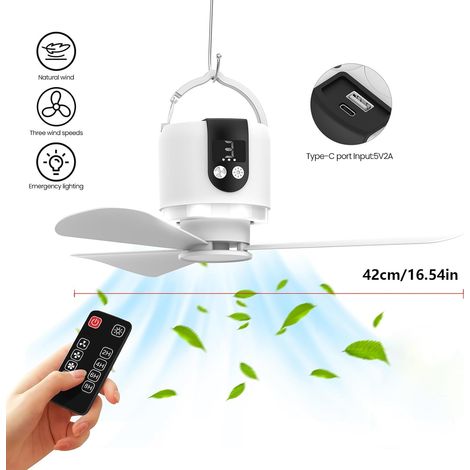 ventilateur de plafond 16 pouces télécommande, batterie 15600 mAh, rechargeable par USB, lumière LED, 3 vitesses, plafond de tente (1/3)