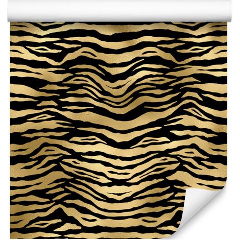 Papel pintado con estampado tropical en negro y dorado, ocre y dorado, 50x1000 cm. (1/5)