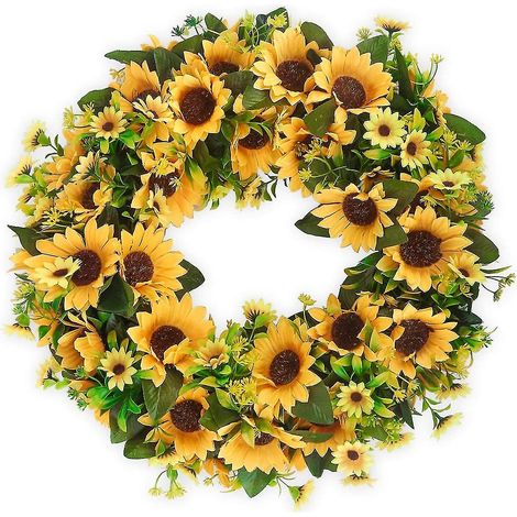 Couronne de tournesols artificiels de 45 cm, grande couronne printanière et estivale avec fleurs et feuilles vertes. (1/5)