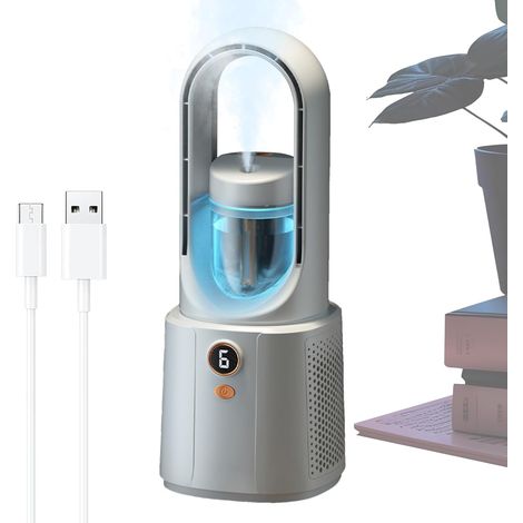 Mini ventilador sin aspas, aire acondicionado silencioso con nebulizador, carga USB-C, 6 velocidades, ideal para la oficina y el coche, blanco. (1/4)