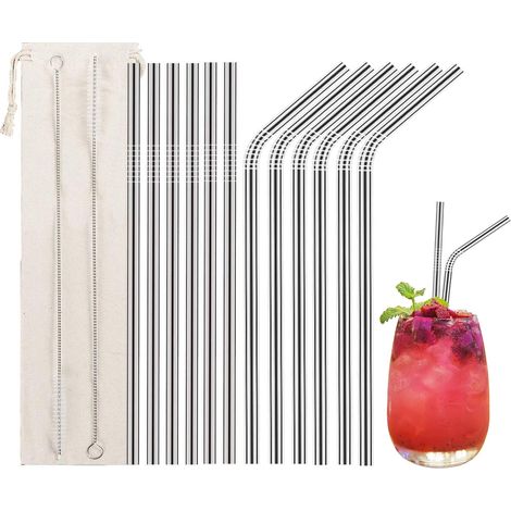 Set da 12 pezzi. Cannucce in acciaio inox, cannucce in metallo riutilizzabili con 2 spazzolini per la pulizia, ideali per frullati, frappè, cocktail e bevande calde. (1/4)