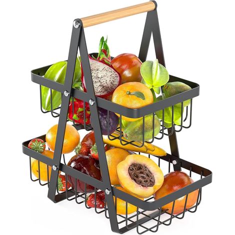 1 Corbeille à fruits, 2 étages, métal noir, design amovible, panier maille, rangement cuisine maison