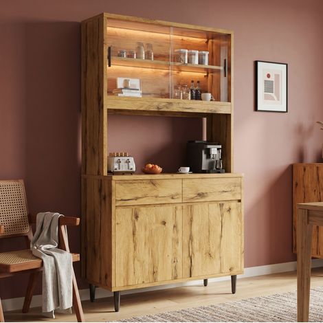 Buffet haut de salle à manger 100x40x185 cm avec prises USB-A/USB-C LED, décor chêne (1/5)