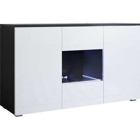 Muebles Bonitos – Buffet bas 3 portes avec LED – 120x72x40cm – Finition brillante noir et blanc – Étagères en verre – Système d'ouverture push-click (1/4)
