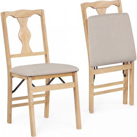 COSTWAY 2 Pack Folding Chairs with Cushioned Seats Rubber Wood Frame Non-Slip Feet Compact Dining Chairs Beige (1/5)