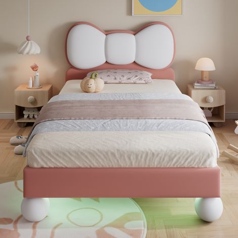 Lit capitonné enfant 90x200 cm, tête de lit nœud papillon, LED réglable, sommier lattes, velours beige rose, design élégant (1/4)
