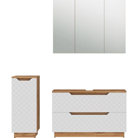 Conjunto de muebles de baño de 3 piezas Lotta, Roble/blanco con estructura de azulejos, 3 partes, Vicco (1/5)