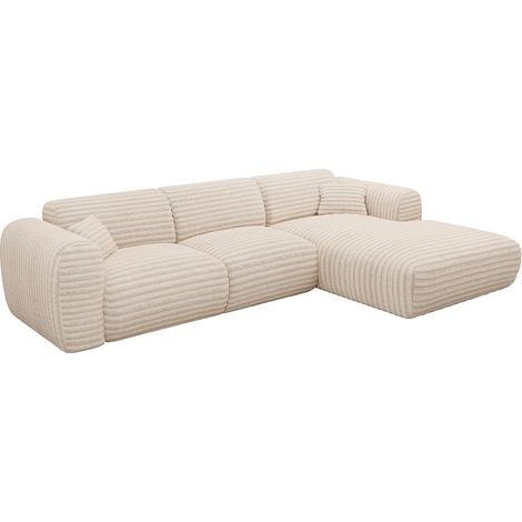 Vente-Unique – Canapé d'angle droit 5 places en velours côtelé beige – Structure bois – Confort équilibré – Coussins déhoussables – Dimensions 280x165x73cm