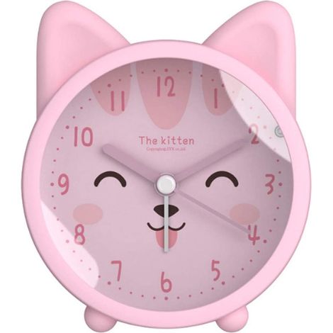Réveil Silencieux Chaton Rose Souriant pour Enfants, Horloge Silicone Lumineuse Sans Tic Tac, Cadran Voyage Portable, Minuteur Mignon Animaux (1/5)