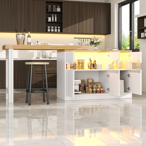 Îlot de cuisine / chariot de cuisine, cuisine mobile, rangement, plan de travail, éclairage LED, grand rangement, réglable en hauteur, pivotant 360°, 180 cm, 120-180 cm, blanc (1/5)