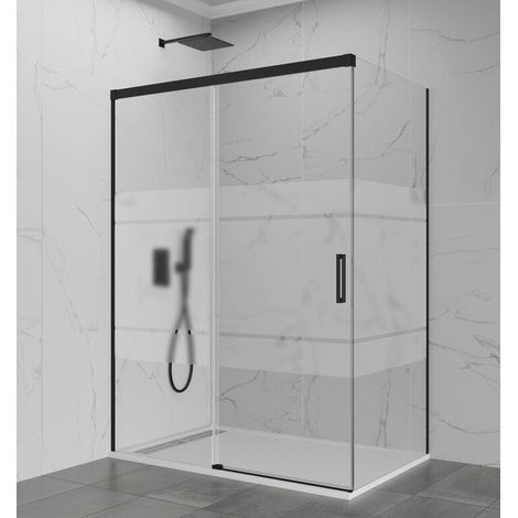BASIC corner shower enclosure with sliding door, fixed front panel and fixed side panel, 110x70 cm, Frost screen-printed glass, black profiles (1/5)