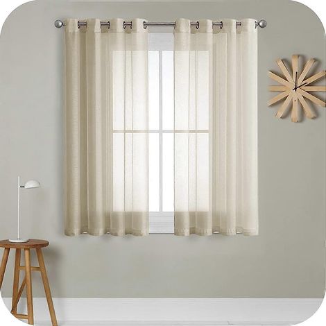 Rideaux en voile beige clair (2 pièces), 140 x 250 cm, semi-transparents, à œillets, effet lin. Décoration intérieure pour salon, chambre, cuisine ou balcon. (1/5)