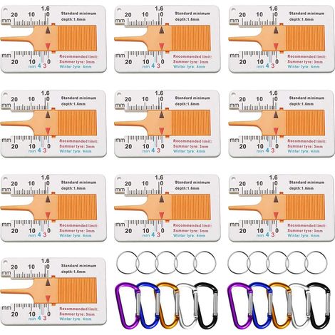 10 Pièces Jauge Profondeur Pneu 0-20 mm Outil de Mesure de Bande Roulement, Jauge D'Usure de Pneu Auto Règle en Plastique + 10 Pièces Mousquetons en Aluminium