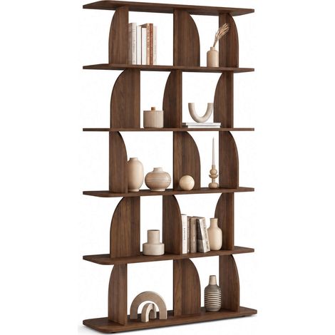 Scaffale a 5 ripiani in stile Japandi EDITH asimmetrico, effetto noce, dal design arrotondato (1/5)