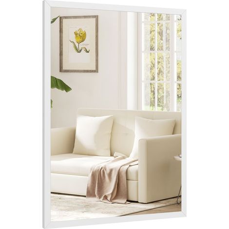 Miroir mural rectangulaire 60 x 40 cm, cadre en bois blanc, idéal pour la salle de bain, salon ou chambre (1/5)