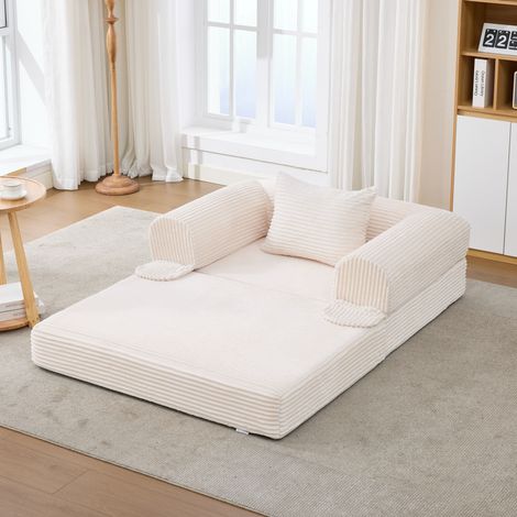 Canapé-lit 120x170x65 cm beige convertible 2-en-1 avec coussin, velours côtelé MEUBLIV (1/5)