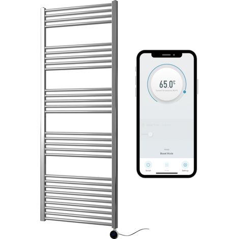 Chrome Electric Smart WiFi Controlled Heated Towel Rail 600mm W x 1600mm H Straight 7 Day Programmable Timer App Compatibility