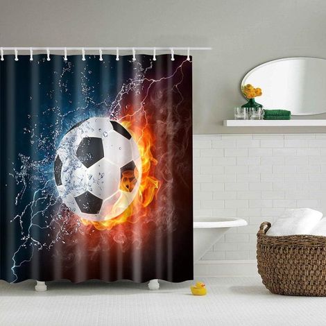 Rideau de douche en polyester imperméable avec motif football entre eau et feu 12 crochets 178 x 178 cm Multicolore