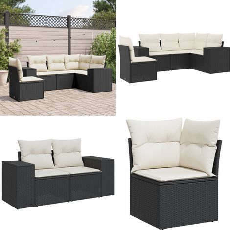 Salon de jardin 5 pcs avec coussins noir résine tressée - Ensemble Salon De Jardin - Meuble De Jardin - Salon Extérieur - Canapé D'extérieur - Fauteuil De Jardin - Home & Living (1/5)