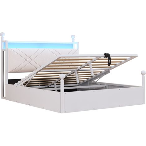 Lit double multifonction en fer forgé 140x190 cm, sommier relevable hydraulique avec rangement intégré, baldaquin en fer forgé, poteaux démontables avec LED et ports USB/Type-C, lit adulte et adolesce (1/5)