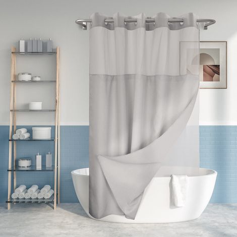 Long rideau de douche texturé flammé sans crochet avec doublure en PEVA à clipser – 180,3 x 195,6 cm (190,5 cm), style hôtel avec fenêtre supérieure transparente, rideau en tissu gris et doublure (1/5)