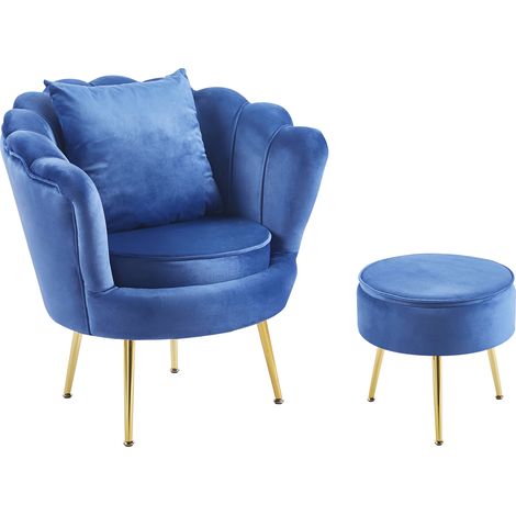 Poltrona Camera da Letto e Salotto in Velluto con Poggiapiedi Contenitore - Poltroncina Conchiglia con Gambe in Metallo Placcato Oro - Design Moderno, Seduta Morbida con Cuscino - Sedia in Velluto Blu (1/5)