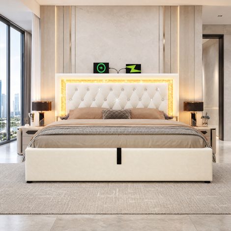 Letto imbottito 180x200 cm in velluto con LED, USB/Type-C e vano idraulico, beige (1/5)