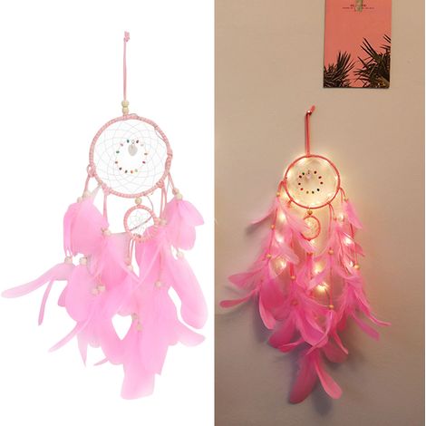 Atrapasueños rosa de pared para salas de estar, dormitorios, habitaciones de estudiantes y bodas colgante de terciopelo con aro de hierro 11,3 cm de diámetro batería incluida. (1/5)