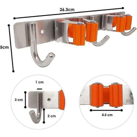 Praktischer, wandmontierter Besenhalter aus Edelstahl mit 2 Halterungen und 3 Haken, die ideale Aufbewahrungslösung für Haus, Küche, Bad, Garten und vieles mehr. (1/2)
