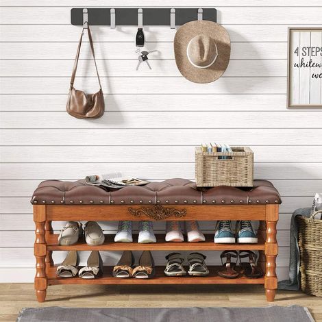 Tribesigns Industrial Entryway Bench with Tufted Leather Cushioned Seat, 2 Shelves Storage Bench with Lift Top Bed Bench, Solid Wood Foyer Bench, Solid Wood Accent Furniture, Vintage Brown (1/5)