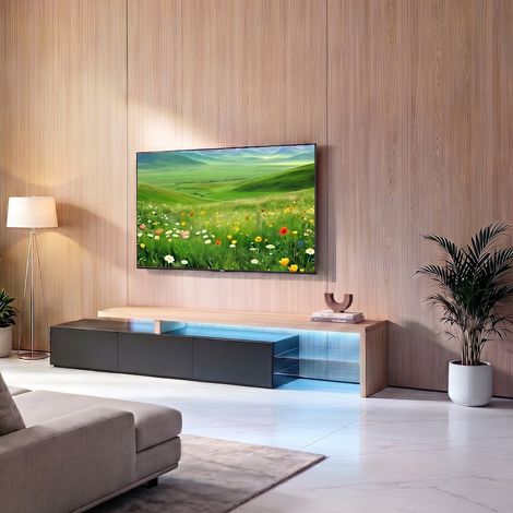 Mobile TV in legno nero – Illuminazione a LED integrata – 3 ripiani chiusi – Pannello in vetro temperato – Stile moderno (1/5)