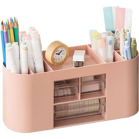 Scatola portaoggetti da scrivania con portapenne, 10 scomparti, doppio cassetto trasparente, contenitore per cancelleria (rosa) (1/5)