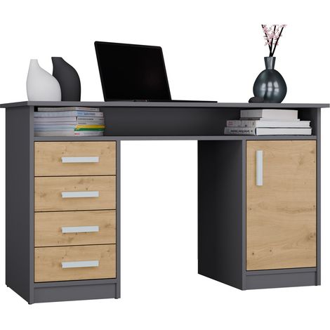Schreibtisch ADA Anthrazit Eiche Artisan 125 cm 4 Schubladen mit Schrank und Regalen für Büro und Zimmer für Laptop