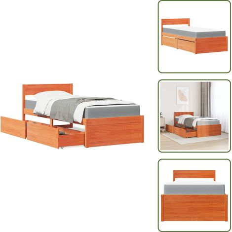 Lit avec tiroirs/matelas cire marron 90x200 cm bois massif pin - Lit Double - Lit Plateforme - Lit Coffre - Meuble Chambre - Literie