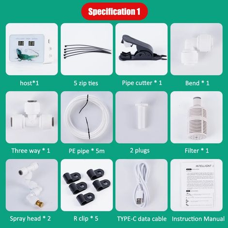 (Tuyau d'eau de 5 mètres, 2 buses) Système de pulvérisation intelligent pour reptiles, minuterie électronique. (1/5)