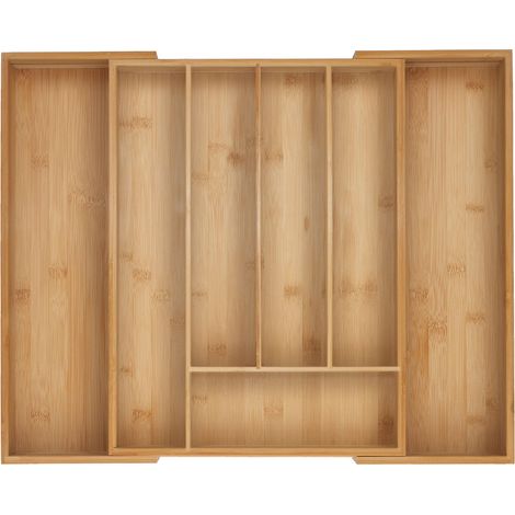 Relaxdays, range-couverts 5–7 compartiments, insert tiroir coulissant, H×L×P 5×32,5–53,5×43 cm, bambou naturel