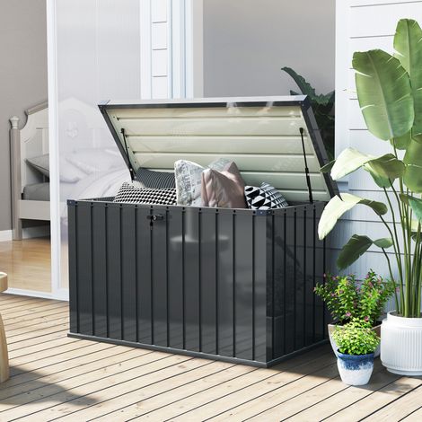400-Liter-Gartenbox mit Doppelhebelverschluss, Schloss und 2 Schlüsseln, wasserdicht, aus verzinktem Stahl, 124 x 66 x 72 cm, dunkelgrau