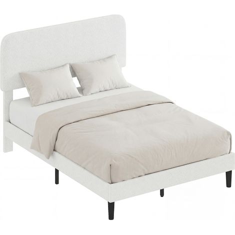 HOMCOM cama tapizada en borreguito, 135x190 cm, cama matrimonio con cabecero ajustable en altura, listones de madera, blanco