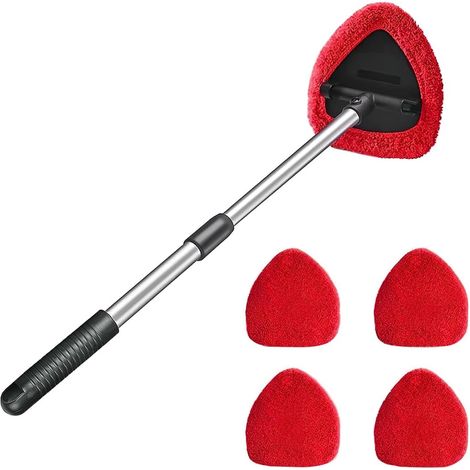 Nettoyant pour Pare-Brise de Voiture, Nettoyant de Vitres de Voiture avec 4 Tampons en Microfibre Lavables Et RéUtilisables, Kit de Nettoyage d'Essuie-Glace à Long Manche Extensible (Rouge) (1/5)