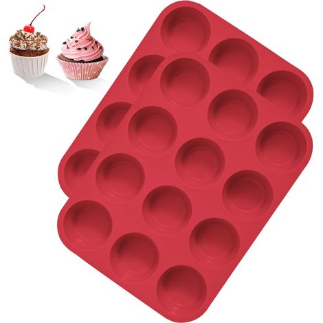 2 Pièces Moule Silicone Patisserie, 12 Moules à Cupcakes et Muffins Antiadhésif pour Gâteaux, Tartelette, passe au lave-vaisselle (Rouge) (1/5)