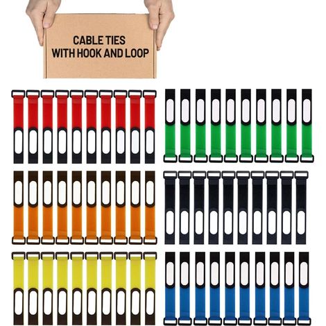 60Pcs Scratch Cable Réutilisables 25cm Attache Cable avec Etiquette de Câble Sangle Câble Nylon Electriques avec Crochet et Boucle Gestion Câbles pour Maison, Bureau Jardin- 6 couleurs (1/5)