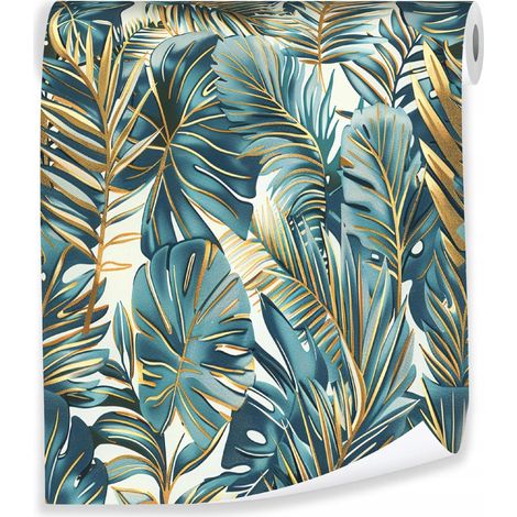 Papier peint avec un motif de feuilles tropicales vertes, décoration murale pour le salon – rouleau 0,5 x 10 m, intissé Wallarena