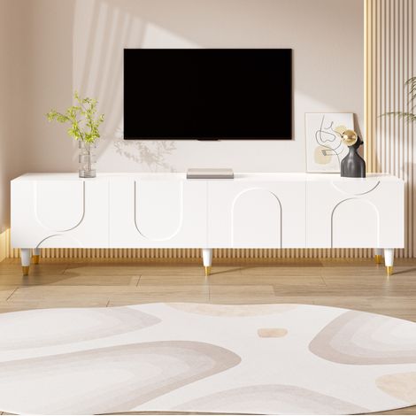 Meuble TV 180x40x50 cm blanc en MDF et panneaux de particules avec 4 portes et rangements multiples (1/5)